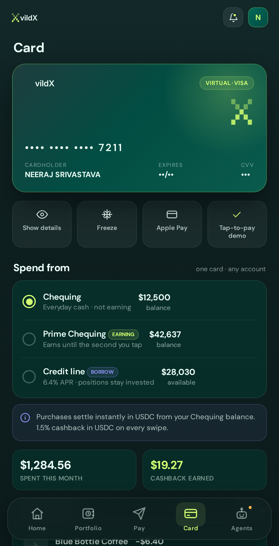 vildX Visa card screen